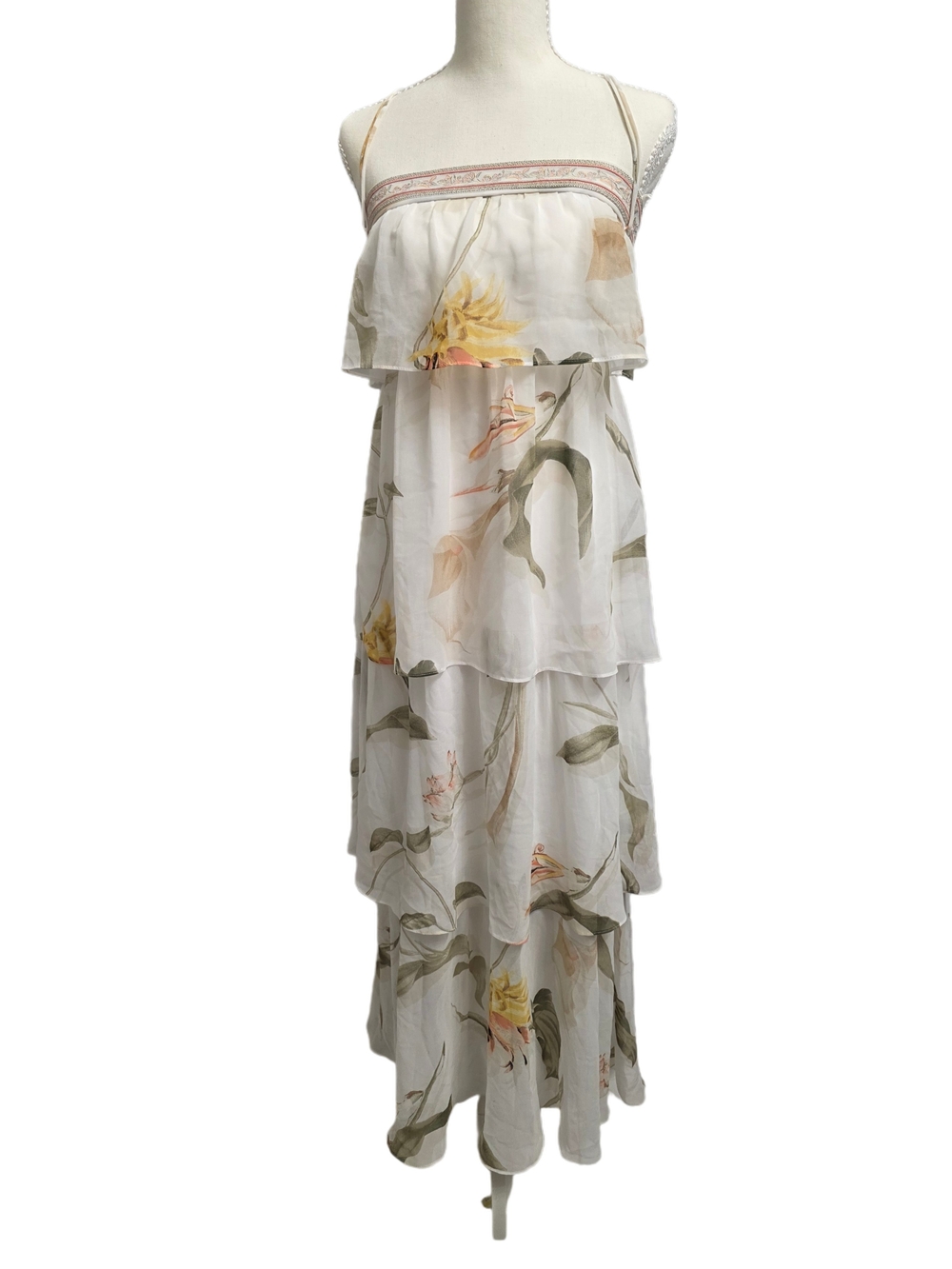 White House Black Market White Floral Tiered Strapless Maxi Dress Size XSP